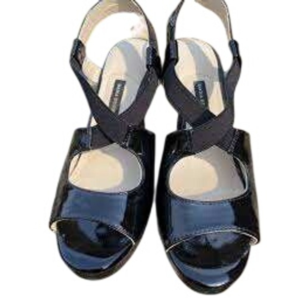 Dana Buchman Black Patent Peep Toe Wedge Sandals Elastic Slingback Shoes